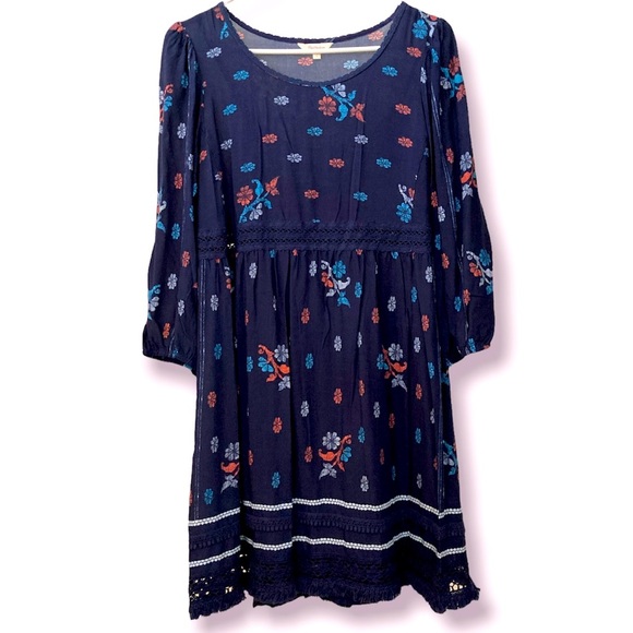 Floral Dark Blue 3/4 Sleeves Small/Medium Mini Dress BNWT - Picture 1 of 6
